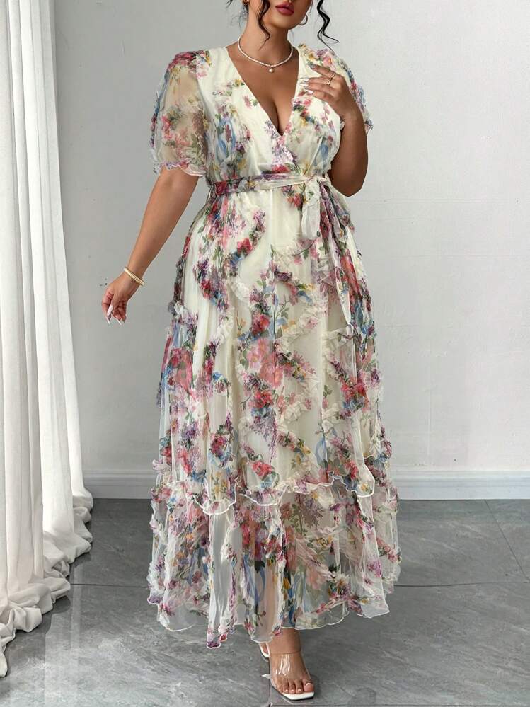 Auvina Vestido elegante con cuello en V, mangas abullonadas, estampado jacquard y cinturón en la cintura para mujeres en primavera y verano - Multicolor - Añade 6