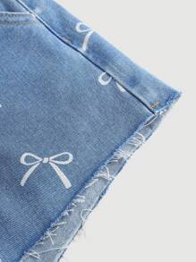 SHEIN Girlism Y2K Tween Girl's Spring And Summer New Sweet Girl Bowknot Print Casual Versatile Baggy Denim Jeans Shorts With Raw Hem,Spring Summer Vacation Beach Outfits Fashion Outfits,Summer Concert Festival Casual Rave Outfits, Girls Summer Brunch Church Graduation Outfits