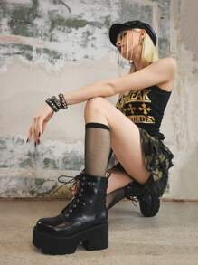 Sugerpunk 女式黑色哥特式系带厚底踝靴，朋克时尚圆头粗跟系带侧拉链战斗靴，舒适休闲 - 黑色 - 查看 7