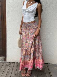 Sunnyshic Paisley Print Boho Style Long Skirt With Layered Ruffles Hem, Waistband, Elegant Ladies Summer Casual/Beach Skirt - Multicolor - View 6