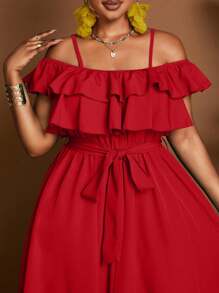 Maweii Plus Size Women's Red Ruffled Off-Shoulder Short Sleeve Dress With Flared Skirt - Red - View 2