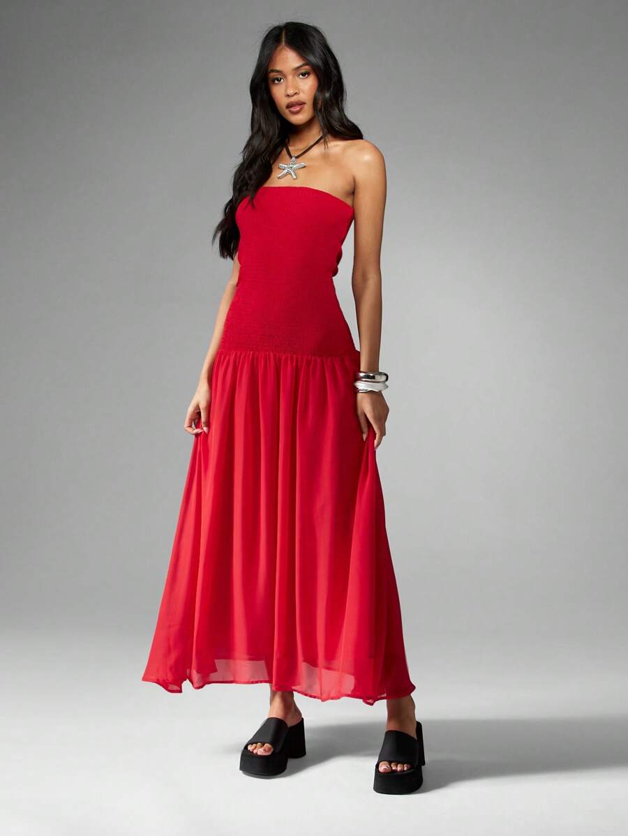 MISSGUIDED Empire Waist Smocked Flowy Chiffon Maxi Dress Christmas MISSGUIDED
