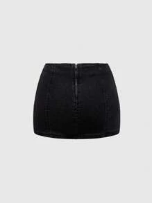 ROMWE Grunge Punk Spring/Summer Casual Black Y2K Vintage Punk Heavy Metal Rivet Grommets Decor Women Denim Mini Skirt - Dark Grey - View 2