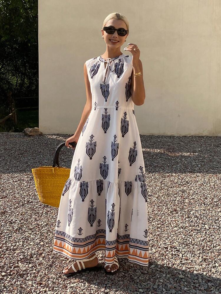 Women's Mid-Length Vacation Floral Print Dress, Spring/Summer Cruise Outfit For Women Boho