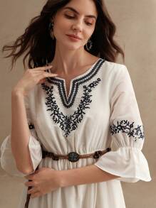 Anewsta Vintage French Embroidered Vacation Style Elegant V-Neck Women Dress