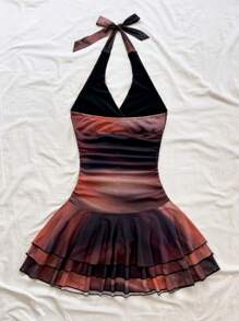 Soleia 扎染露背 V 领褶饰网眼浪漫迷你连衣裙，适合节日、约会之夜、情人节、下午茶