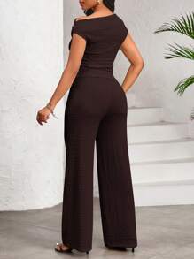 SHEIN Lady 白色弹力纹理不对称领上衣和阔腿裤配松紧腰带裤子女两件套休闲日常优雅四季皆宜