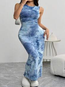 SHEIN EZwear 女士修身扎染印花紧身长裙，夏季 - 藍色 - 查看 4