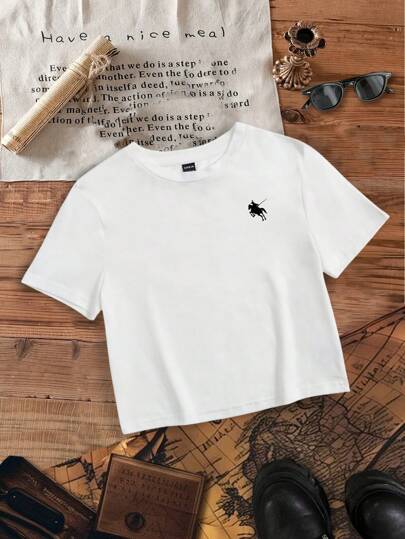 Attitoon 休闲简约小马标志和骑手小图案圆领修身短款短袖 T 恤