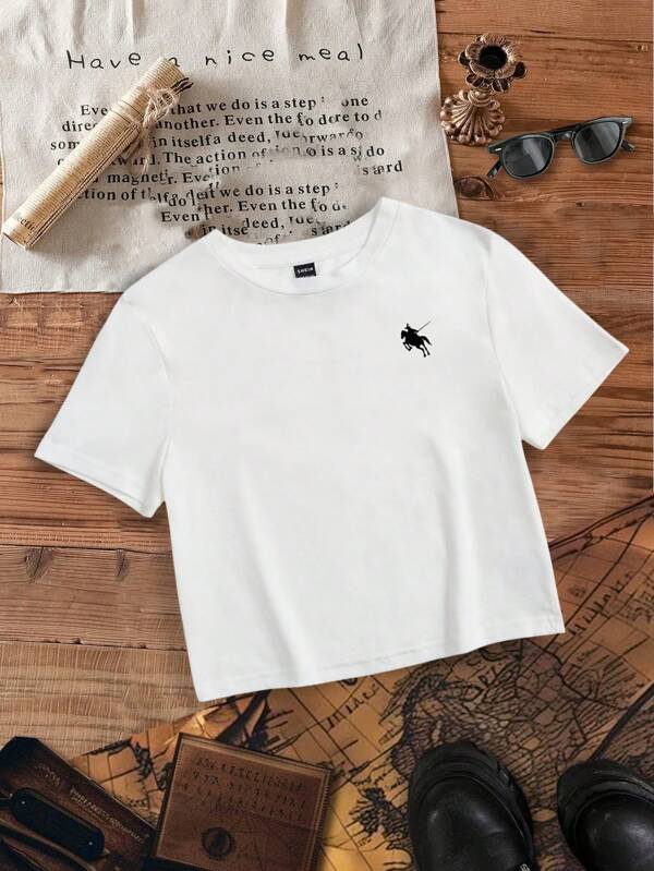 Attitoon Casual Minimalist Little Horse Logo & Rider Small Graphic Round Neck Form-Fitting Cropped Short Sleeve T-Shirt
