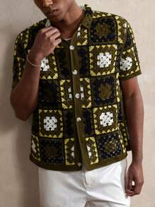 Manfinity Homme 男士几何图案短袖单排扣休闲针织上衣 - 棕色 - 查看 5