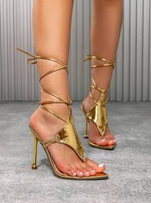 CUCCOO SZL New Fashion Women Pointed Toe Lace-Up Hollow Out High Yellow Heel Sandals For Christmas Spring Shoes Prom Heels Summer Shoes - Gold - View 6