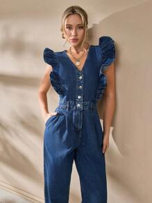 CLARA VERO 100%Cotton Ruffle Trim Button Front Denim Jumpsuit - Medium Wash - View 7