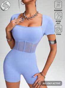 Innovista Women's Light Blue Summer Athleisure Gym Workout One-Piece Romper,Short Sleeve Backless Criss-Cross -Lifting Sport Suit,Breathable Activewear - Mauve Purple - View 2
