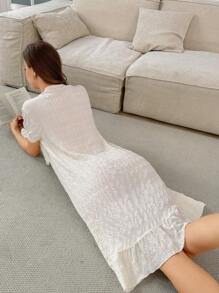 Côtesoire 蕾丝拼布方领提花荷叶边下摆长款睡袍 - 杏色 - 查看 2