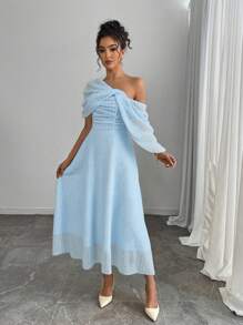 Rafferiza Women's Striped Asymmetric Neck Striped Elegant Mid-Length Dress - Blue - View 4