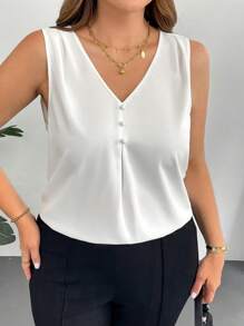 SHEIN Essnce Blusa blanca de escote en V sin mangas, de estilo minimalista, holgada, cómoda y fresca, para mujer de talla grande, de uso diario, versátil y de silueta estilizada. Top de mujer casual de negocios para el trabajo.