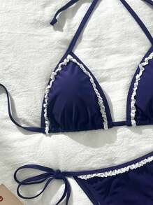 Swim Basics Women 2 Pieces Solid Color Ruffle Trim Casual Bikini Set - Navy Blue - View 3