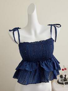Elamini Embroidery Hollow Tie-Up Cute Solid Color Tank Top, Summer - Navy Blue - View 3