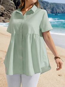 EMERY ROSE Plus Size Casual Striped Shirt, Simple And Fashionable For Daily Wear, Summer, Boho - Mint Green - View 5