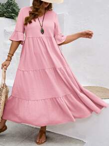 EMERY ROSE Vestido largo amarillo con cuello en V profundo, mangas con volantes y bajo con varios volados para mujer talla grande de verano - Rosa - Ver 3