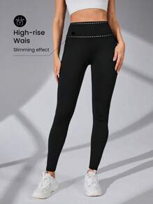 Eassivo Eassivo 高腰網紗拼接運動打底褲，側口袋設計，適合瑜伽和健身 - 黑色 - 查看 6