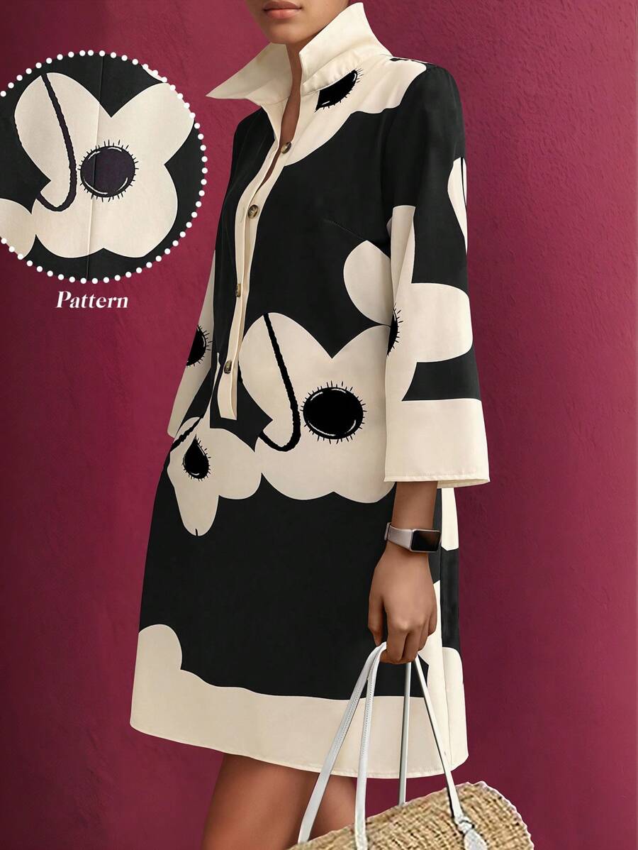 Omancia 女士随机印花纽扣前中长连衣裙 - 彩色 - 查看 1