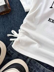 SHEIN 少女春夏休闲运动 T 恤，短款长度，肩部镂空，字母印花，白色，返校季 - 白色 - 查看 6