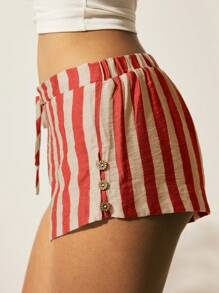 Easelle 女式红色条纹编织侧扣设计休闲短裤 - 紅色 - 查看 8