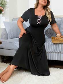 Plus Size Women's Sweet Elegant Tie-Bow Loose Maxi Dress, Sleepwear