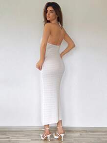 Firerie Boho Women Elegant White Autumn Vacation Knit Sleeveless Halter Backless Hollow Sweater Dress, Solid Color Crochet Summer Beachwear Outfits - White - View 3
