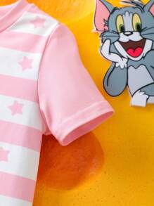 TOM & JERRY X SHEIN Baby Girl Cute Cartoon & Star Pattern Pink & White Striped Cute Romper