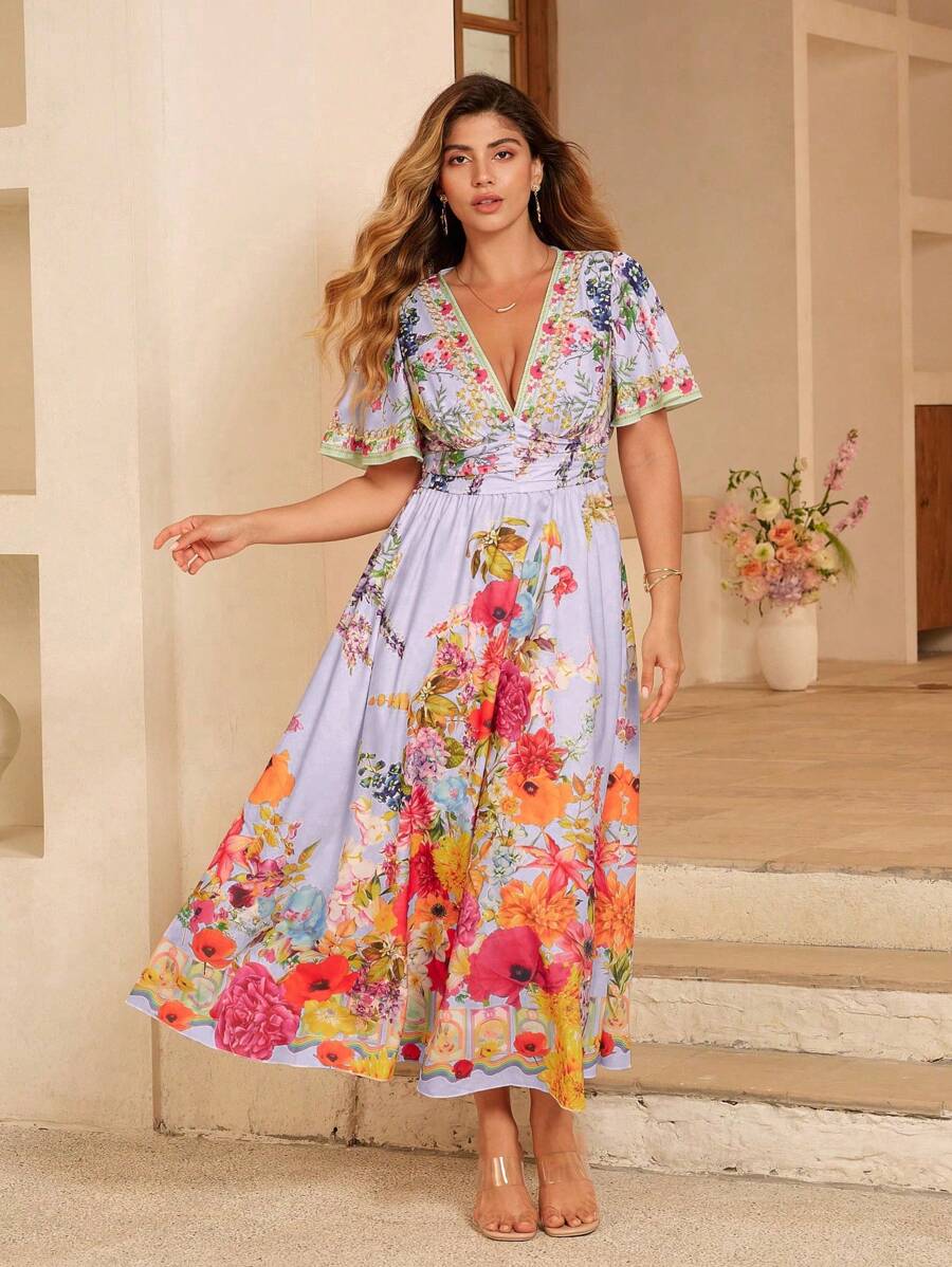 Flirla 大码女式优雅花卉印花大摆裙，适合海滩度假、海滩约会 - 彩色 - 查看 1