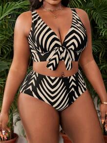 Slaydiva Plus Size Women Summer Beach Vacation Outfit, Random Print Wide Strap V Neck Bow Top With High Waist Pants Set - Multicolor - View 4