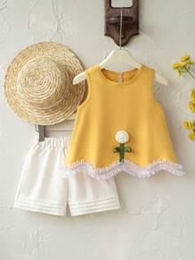 Bộ đồ liền thân 2 món không tay có viền nhún bèo trang trí hoa cho bé gái, quần short thường ngày không tay và áo ba lỗ, thời trang mùa hè phong cách ngày lễ - Nhiều màu - Xem 3