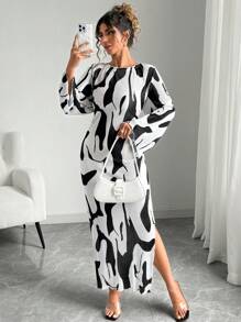 Elenzga Plus Size Long Sleeve Round Neck Fashion Dress, Suitable For Summer Fall Cloth For Women - Multicolor - View 1