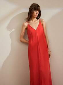 Ontre Váy suông dài bằng vải satin trơn họa tiết mùa hè cho nữ, váy đi nghỉ thanh lịch mùa hè - Đỏ - Xem 6