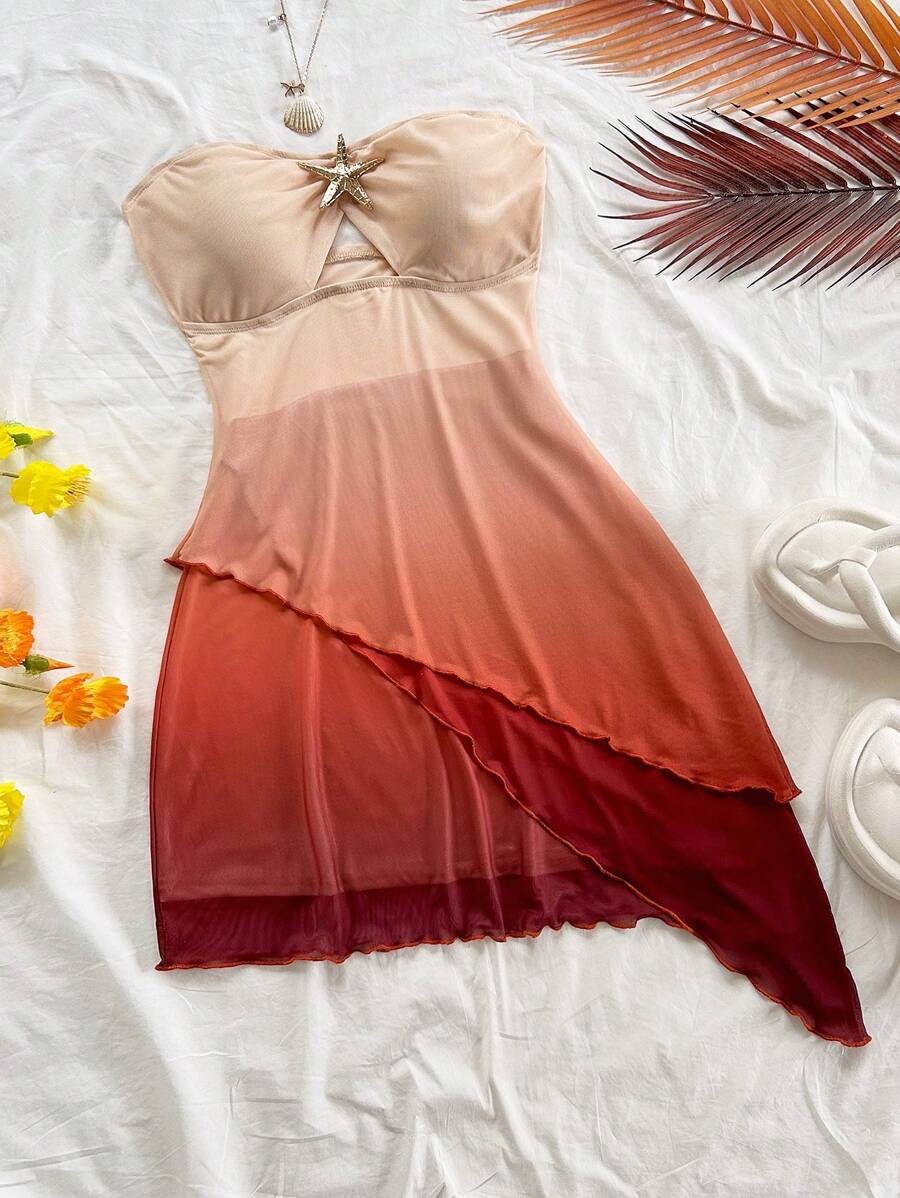 Soleia Damen asymmetrisches Midi-Kleid mit Metall-Dekor und Raffung, geeignet für Dates, Strandparties, Seeseite und andere Anlässe - Verschiedenfarbig - Übersicht 1