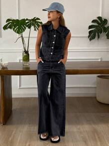 Livesso Bộ đồ denim nữ xuân hè dạo phố thường ngày màu trơn không tay áo khoác + quần ống rộng - Rửa tối - Xem 5