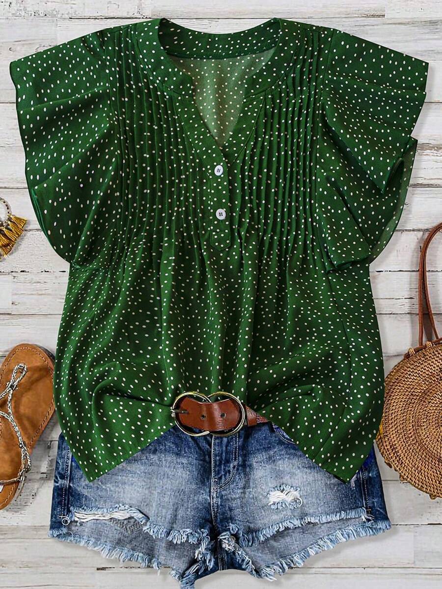SHEIN PETITE Retro Elegant Holiday Green Polka Dot Small V French Romantic Summer Women's Shirt