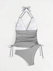 Women's Beachwear Sexy Bikini Set With Spaghetti Strap, Ruffles, Deep V-Neck, Drawstring Waist, Backless, Striped Pattern, Suitable For Summer - Black and White - View 4