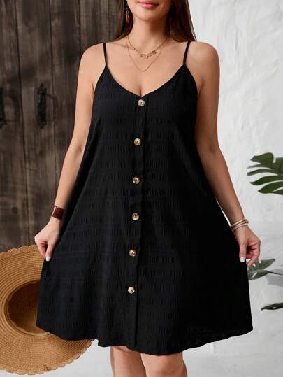 SHEIN VCAY Plus Size Women's Casual Loose Single-Breasted Strap Midi Dress,Summer Dresses For Women