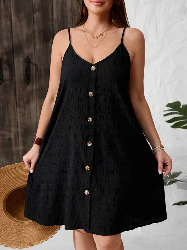 SHEIN VCAY Plus Size Women's Casual Loose Single-Breasted Strap Midi Dress,Summer Dresses For Women