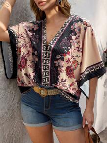SHEIN Clasi Plus Size Casual Floral Print Batwing Sleeve Shirt - Multicolor - View 1
