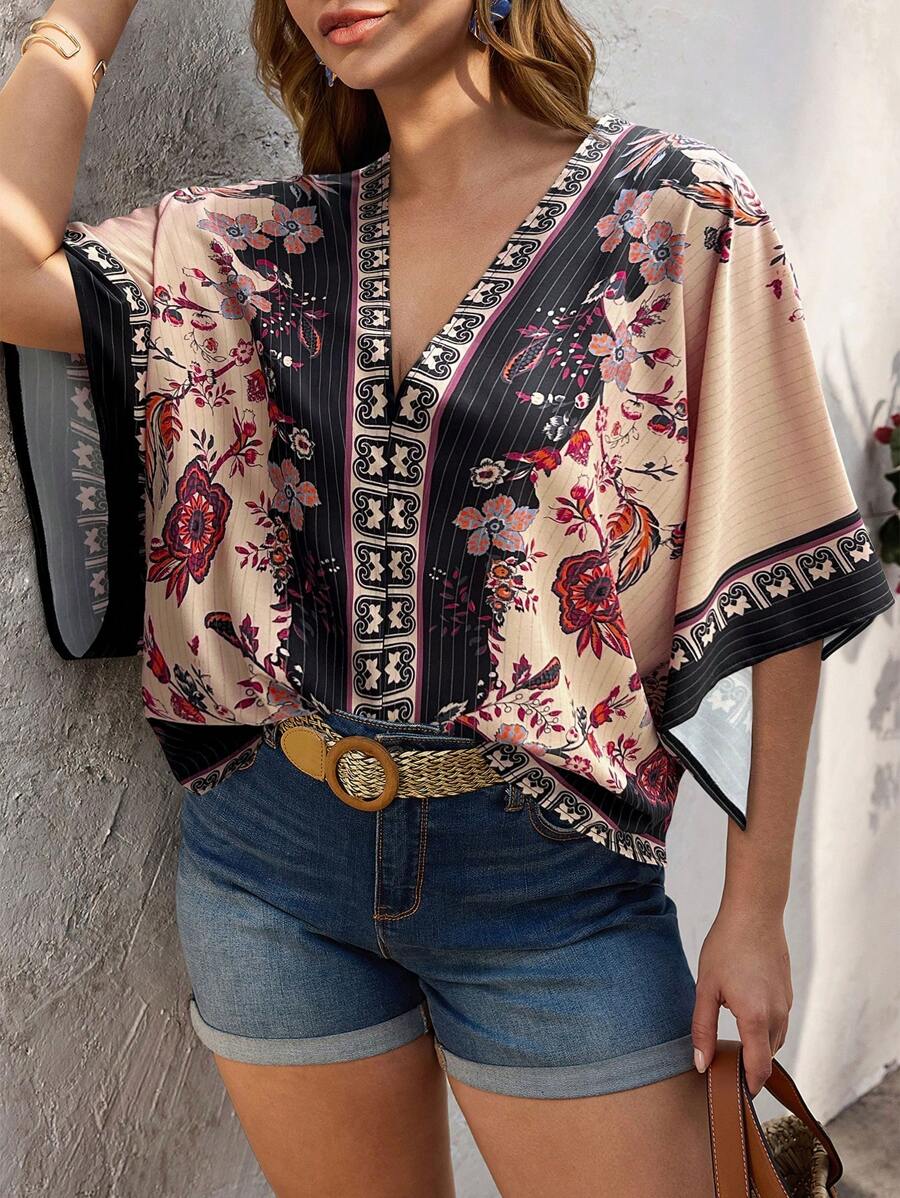 SHEIN Clasi Plus Size Casual Floral Print Batwing Sleeve Shirt - Multicolor - View 1