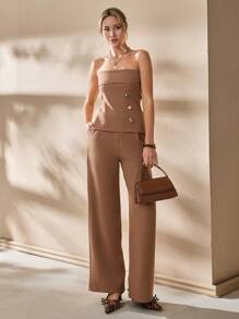 CLARA VERO Women's Solid Gold Button Detailed Suit Set - Mocha Brown - View 5
