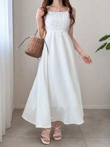 FRIFUL Women Spaghetti Strap Contrast Lace Waist Dress For Graduation, Festival, Holiday Wedding Women Dresses - White - View 2