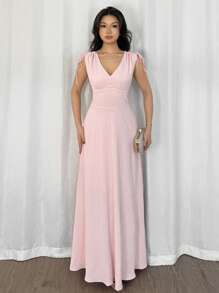 Firerie 浪漫优雅简约夏季女士度假海滩旅行毕业典礼拍照派对舞会礼服假日露肩褶皱腰 V 领无袖连衣裙，粉色 - 淺粉色 - 查看 6