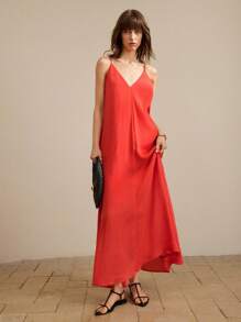 Ontre Váy suông dài bằng vải satin trơn họa tiết mùa hè cho nữ, váy đi nghỉ thanh lịch mùa hè - Đỏ - Xem 2