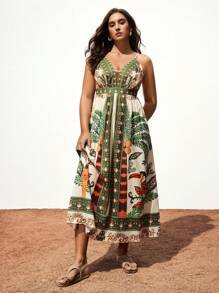 Maija Große Größen Damen Urlaubskleid mit Pflanzen Muster, sexy tiefer V-Ausschnitt mit Spaghettiträgern